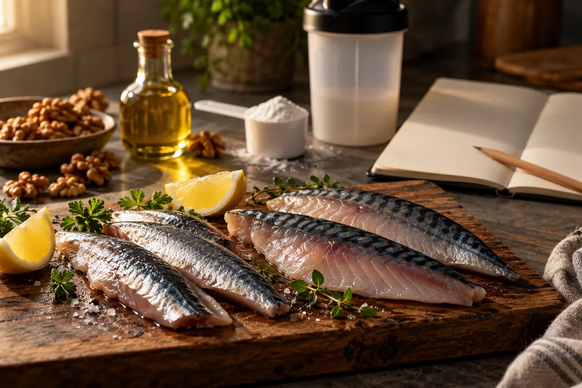 Filets de sardine et de maquereau crus disposés sur une planche en bois, avec des quartiers de citron