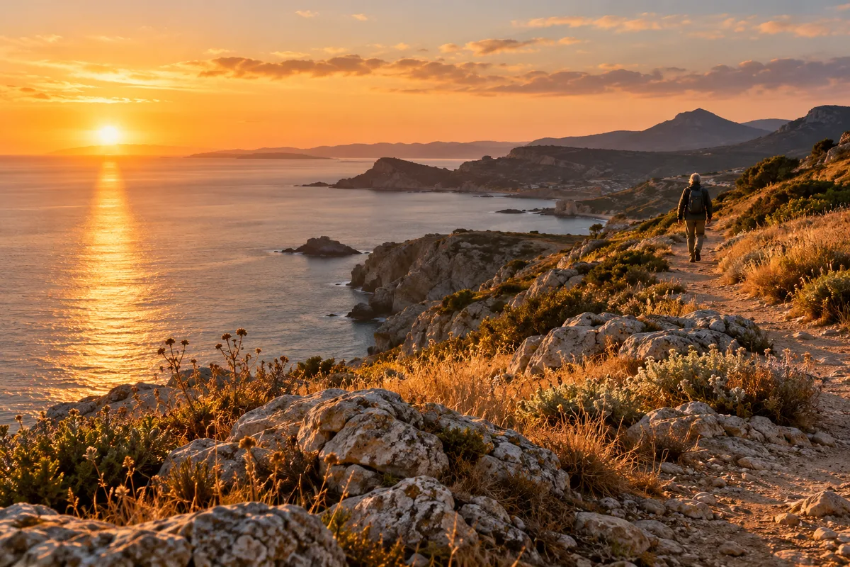 Promeneur vu de dos marchant sur un sentier côtier au lever du jour, la mer en contrebas