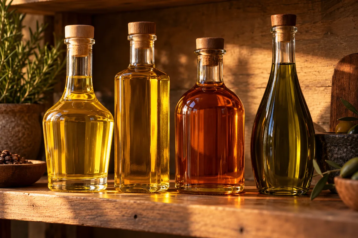 Quatre bouteilles d’huile de teintes différentes alignées sur une étagère de cuisine en bois, à l’ombre