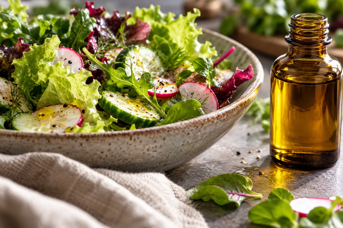 Saladier de crudités assaisonnées posé sur une table, une petite bouteille d’huile foncée à côté