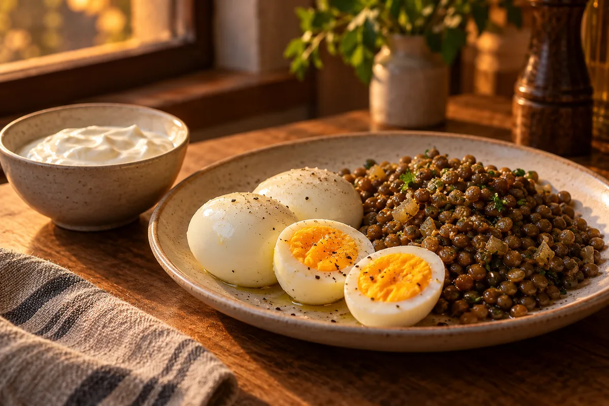 Assiette d’œufs, de lentilles et de fromage blanc posée sur une table en bois près d’une fenêtre