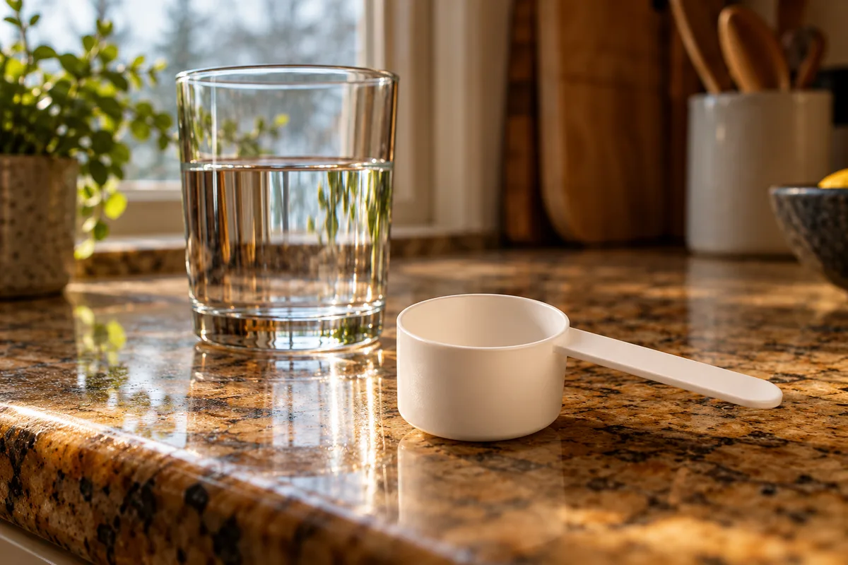 Verre d’eau à moitié plein et cuillère doseuse vide sur un comptoir de cuisine éclairé par la fenêtre