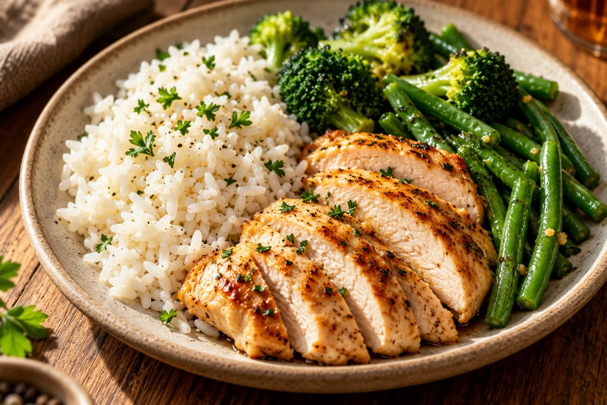 Assiette composée de riz, de blanc de poulet et de légumes verts, vue de dessus sur une table en bois