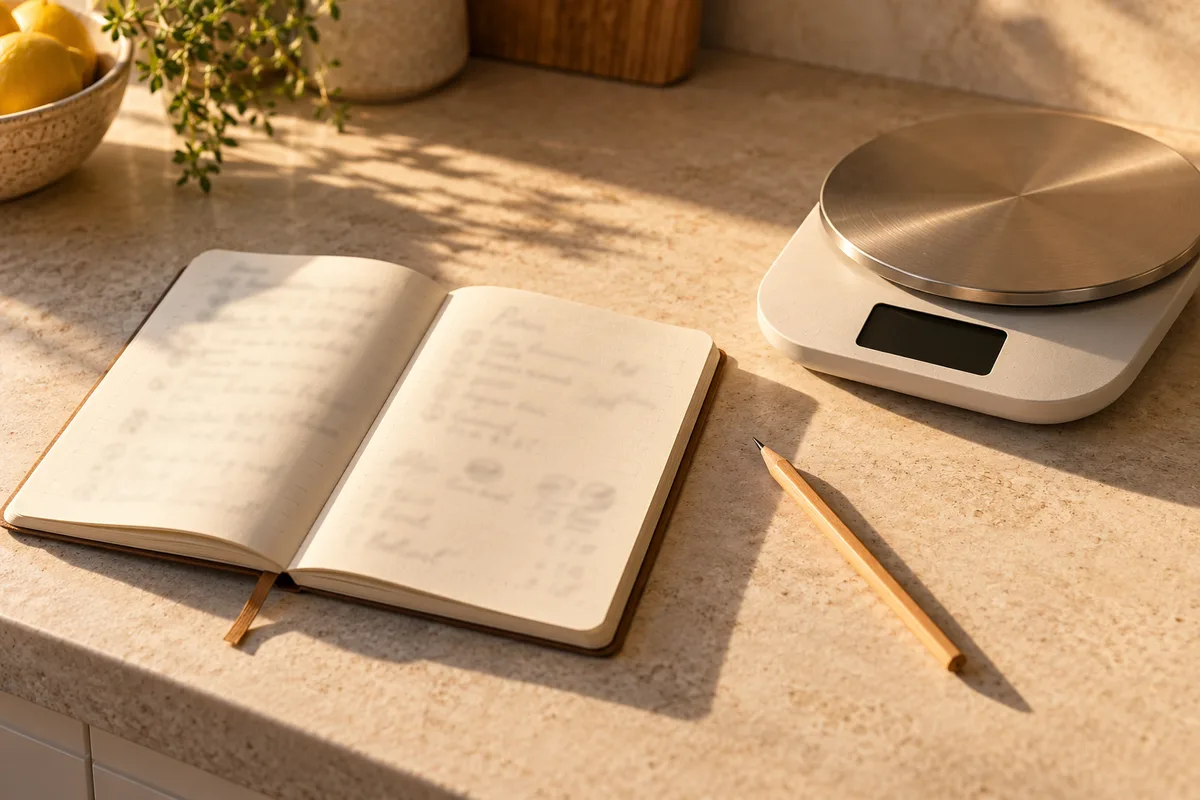 Carnet ouvert couvert de notes au crayon floues, un crayon et une balance de cuisine à l&rsquo;écran éteint sur un plan de travail