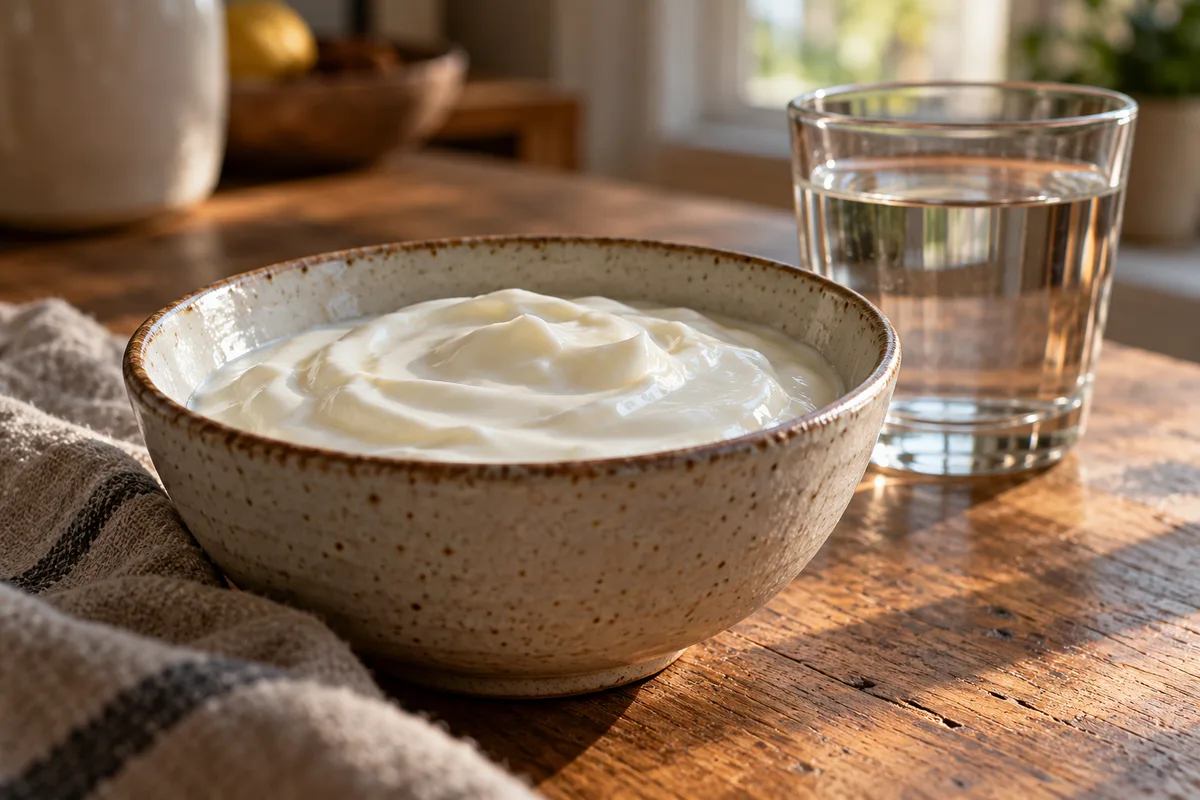 Bol de yaourt nature et verre d&rsquo;eau sur une table de cuisine éclairée par la lumière du matin